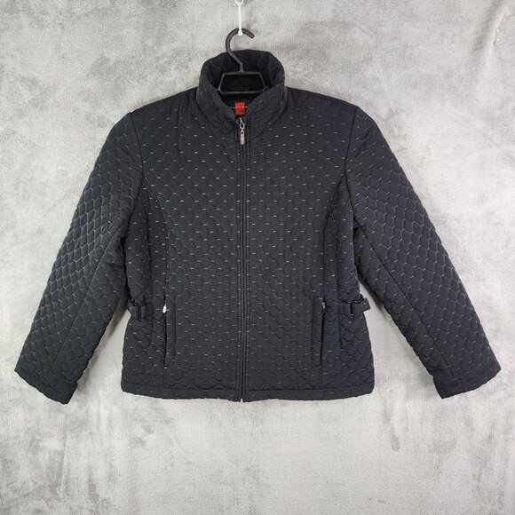 Womens Black Quilted Jacket By Gallery Full Zip Long Sleeve Zip Pockets Size L - Picture 2 of 11